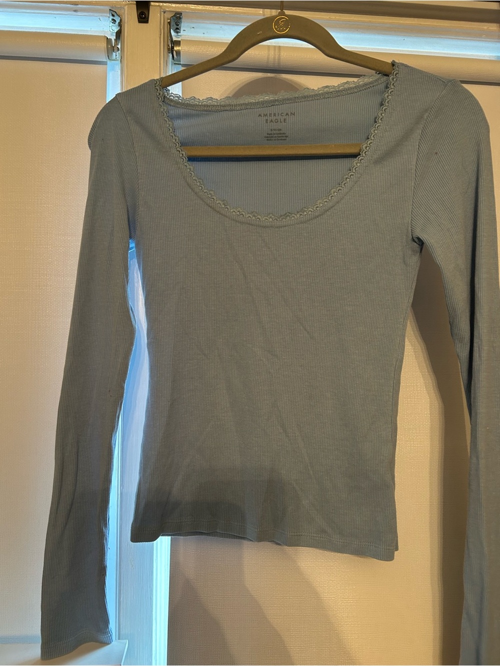 American Eagle Outfitters Light Blue Ribbed Long Sleeve Scoop Neck Top